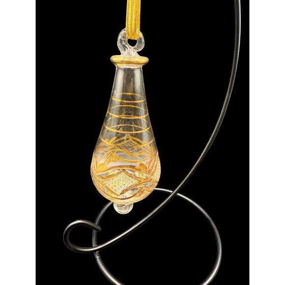 Egyptian Hand Blown Fancy Gold Etched Glass Christmas Teardrop Ornament 6” - Picture 1 of 6